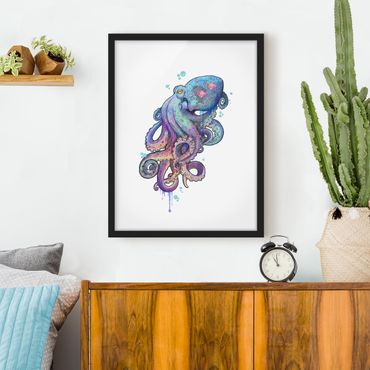 Poster con cornice - Illustrazione Octopus Viola Turchese Pittura - Verticale 4:3