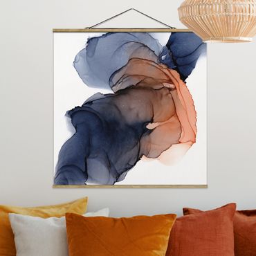 Foto su tessuto da parete con bastone - Gocce di oceano in blu e arancione con oro - Quadrato 1:1
