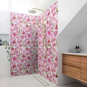 Rivestimento per doccia - Fiori rosa con farfalle