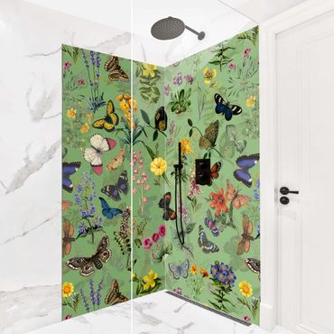 Rivestimento per doccia - Farfalle con fiori su sfondo verde