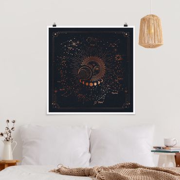 Poster - Astrologia Sun Moon And Stars Blue Gold - Quadrato 1:1