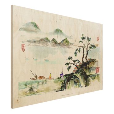 Stampa su legno - Giapponese Acquerello Lago Disegno E Montagne - Orizzontale 2:3