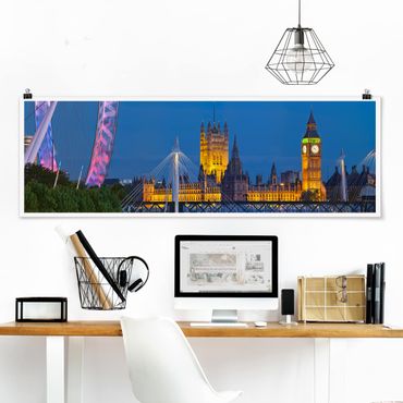 Poster - Big Ben e Westminster Palace di Londra di notte - Panorama formato orizzontale
