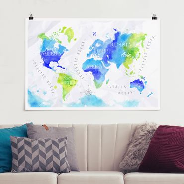 Poster - Mappa del mondo di acquerelli blu verde - Orizzontale 2:3