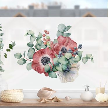 Decorazione per finestre - Bouquet di anemoni e eucalipto in acquerello