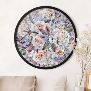 Quadro rotondo incorniciato - Bouquet di peonie lilla in acquerello
