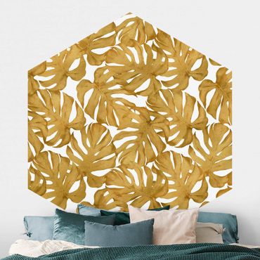 Carta da parati esagonale adesiva con disegni - Acquerello foglie di monstera in acquerello oro