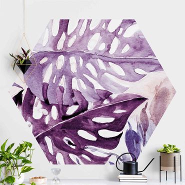 Carta da parati esagonale adesiva con disegni - Acquerello di foglie tropicali con monstera in viola melanzana