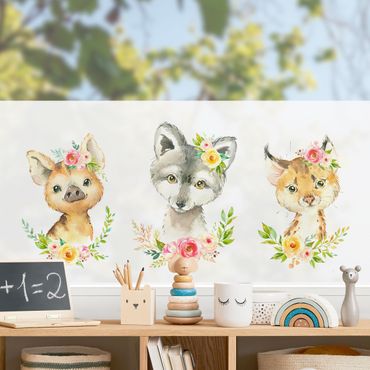 Decorazione per finestre - Set animali della foresta con fiori in acquerello II