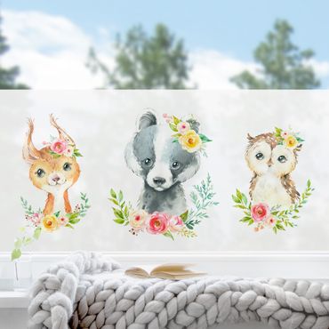 Decorazione per finestre - Set animali della foresta con fiori in acquerello III