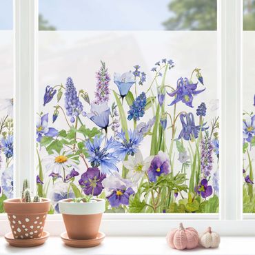 Decorazione per finestre - Prato fiorito in acquerello blu