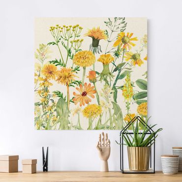 Quadro su tela naturale - Prato fiorito in acquerello giallo - Quadrato 1:1