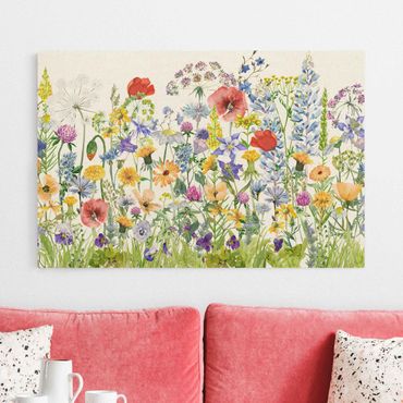 Quadro su tela naturale - Prato fiorito in acquerello - Formato orizzontale 3:2