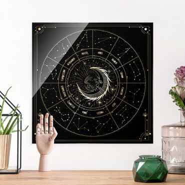 Quadro in vetro - Astrologia Luna e segni zodiacali in nero - Quadrato