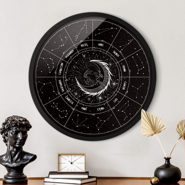 Quadro rotondo incorniciato - Astrologia Luna e segni zodiacali in nero