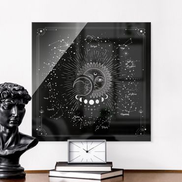 Quadro in vetro - Astrologia Sole Luna e stelle in nero - Quadrato