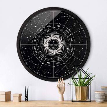 Quadro rotondo incorniciato - Astrologia segni zodiacali in cerchio solare in nero