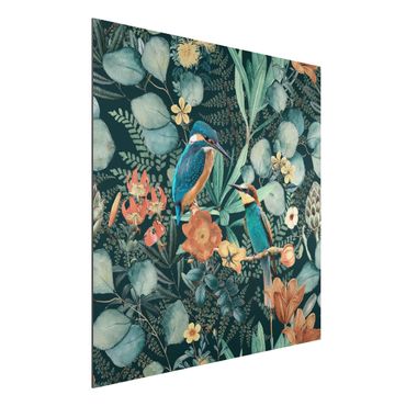 Stampa su alluminio - Paradiso floreale con colibrì e martin pescatore