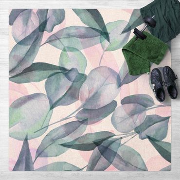 Tappetino di sughero - Foglie di eucalipto in acquerello blu e rosate - Quadrato 1:1