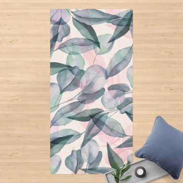 Tappetino di sughero - Foglie di eucalipto in acquerello blu e rosate - Formato verticale 1:2