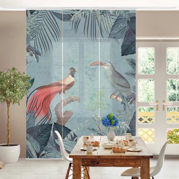 Tenda scorrevole set - Paradiso grigio e blu con uccelli tropicali - Pannello