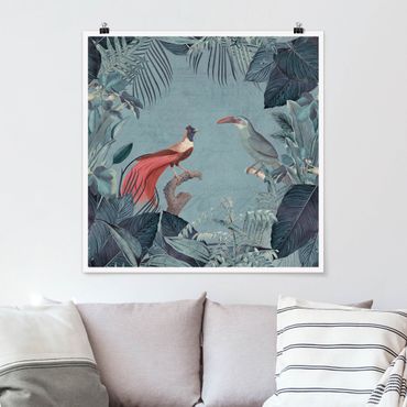 Poster - Paradiso grigio e blu con uccelli tropicali