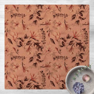 Tappetino di sughero - Fiori con foglie grige su sfondo rosa - Quadrato 1:1