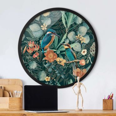 Quadro rotondo incorniciato - Paradiso floreale con colibrì e martin pescatore