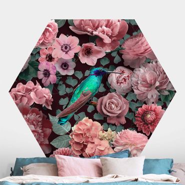 Carta da parati esagonale adesiva con disegni - Paradiso floreale con colibrì e rose
