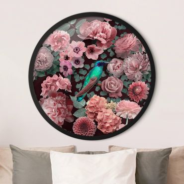Quadro rotondo incorniciato - Paradiso floreale con colibrì e rose