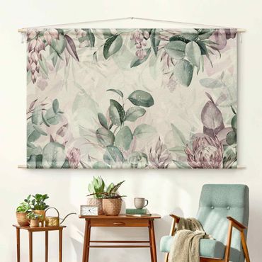 Arazzo da parete - Botanica in pastello verde & rosa