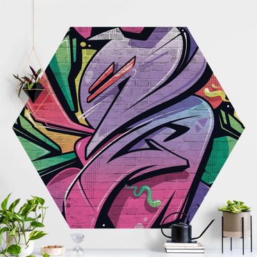 Fotomurale esagonale autoadesivo - Muro di mattoni con graffiti colorati
