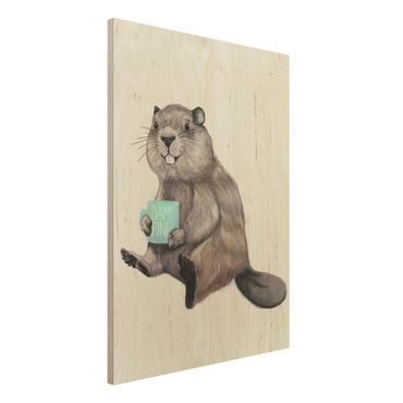 Stampa su legno - Illustrazione Beaver con tazza di caffè - Verticale 4:3
