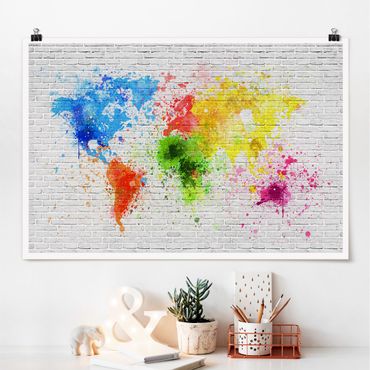 Poster - Bianco muro di mattoni Mappa del mondo - Orizzontale 2:3