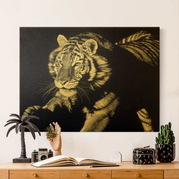 Quadro su tela oro - Tigre nella luce del sole su nero