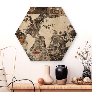 Esagono in legno - Vecchio Muro Mappa del mondo
