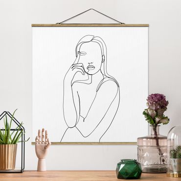 Quadro su tessuto con stecche per poster - Line Art Pensieroso donna Bianco e nero - Quadrato 1:1