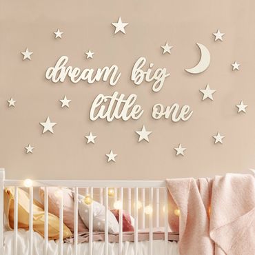 Decorazione da parete in legno scritte 3D - Dream big little one - Luna & stelle