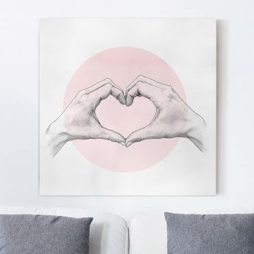 Quadri su tela - Illustrazione Cuore cerchio mani Rosa Bianco