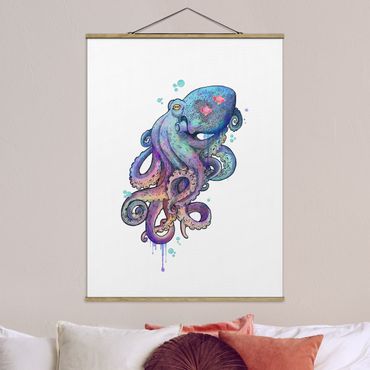 Foto su tessuto da parete con bastone - Laura Graves - Illustrazione Octopus Viola Turchese Pittura - Verticale 4:3