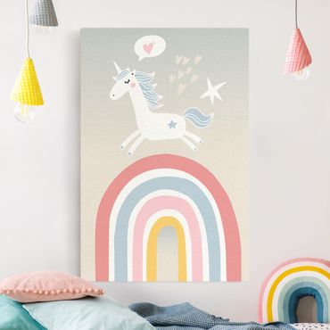 Quadro su tela naturale - Unicorno su arcobaleno in pastello - Formato verticale 2:3