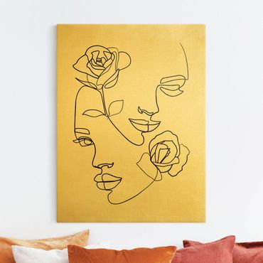 Quadro su tela oro - Line Art volti femminili e rose in bianco e nero
