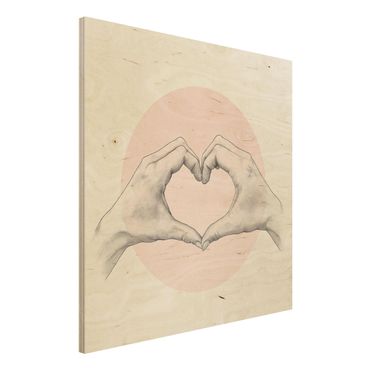 Stampa su legno - Illustrazione Cuore cerchio mani Rosa Bianco - Quadrato 1:1