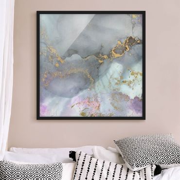 Poster con cornice - Esperimenti di colore marmo rosa arcobaleno e oro