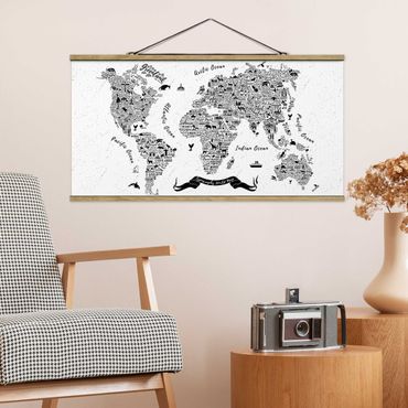 Foto su tessuto da parete con bastone - Tipografia Bianco mappa del mondo - Orizzontale 1:2