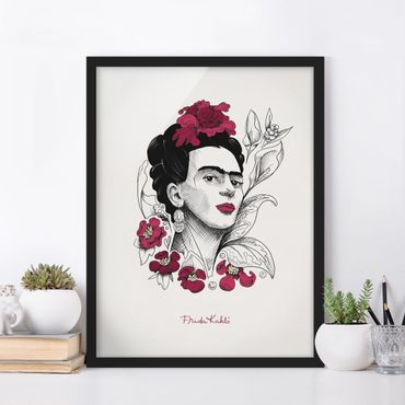 Poster con cornice - Ritratto di Frida Kahlo con fiori