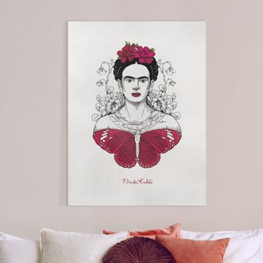 Stampa su tela - Ritratto di Frida Kahlo con fiori e farfalla - Formato verticale 3:4