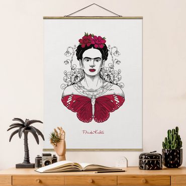 Foto su tessuto da parete con bastone - Ritratto di Frida Kahlo con fiori e farfalla - Formato verticale 3:4