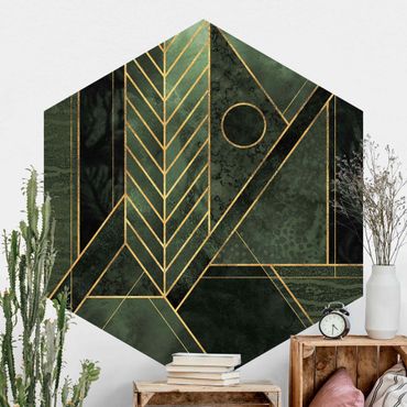 Carta da parati esagonale adesiva con disegni - Forme geometriche smeraldo e oro