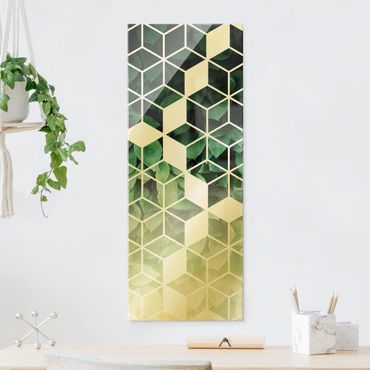 Quadro in vetro - Geometria dorata - Foglie verdi - Formato verticale